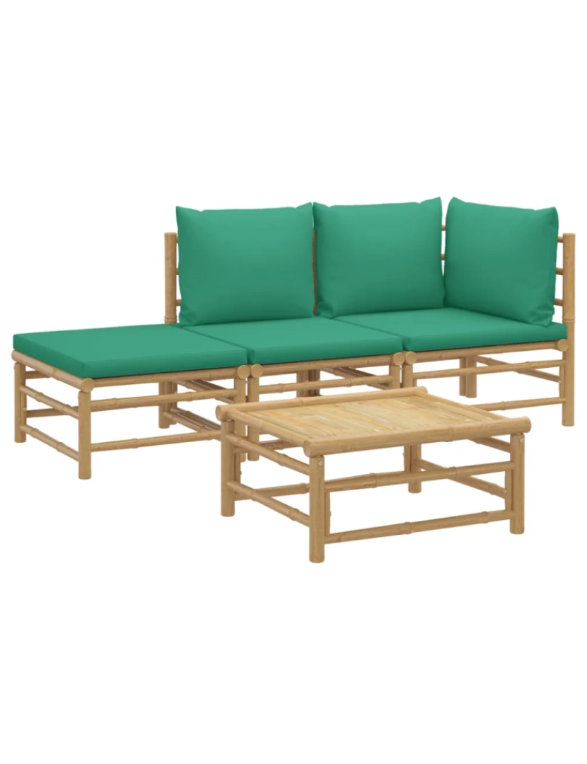 imagem de 4 pcs conjunto lounge de jardim Conjuntos Relax Jardim bambu c/ almofadões verdes CFW1300433