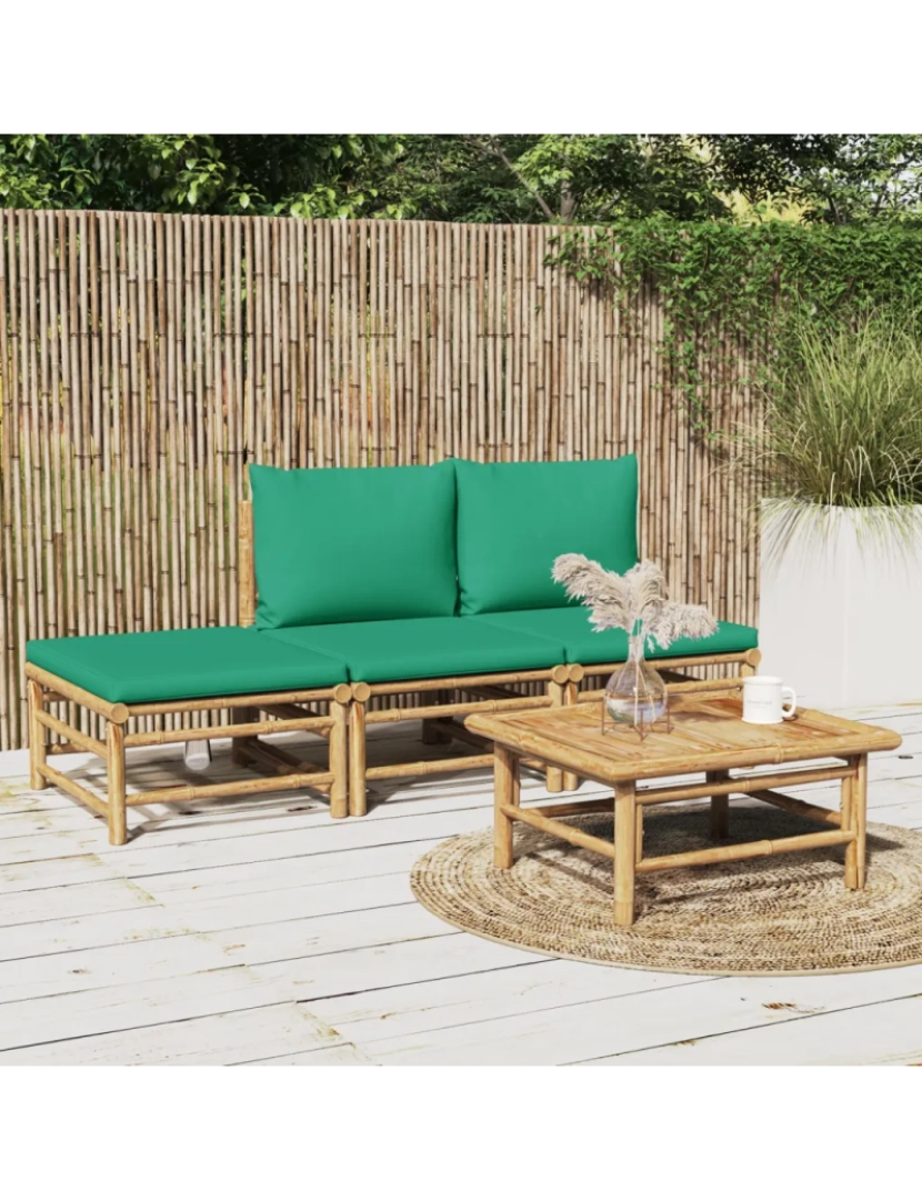 imagem de 4 pcs conjunto lounge de jardim Conjuntos Relax Jardim bambu c/ almofadões verdes CFW5667461