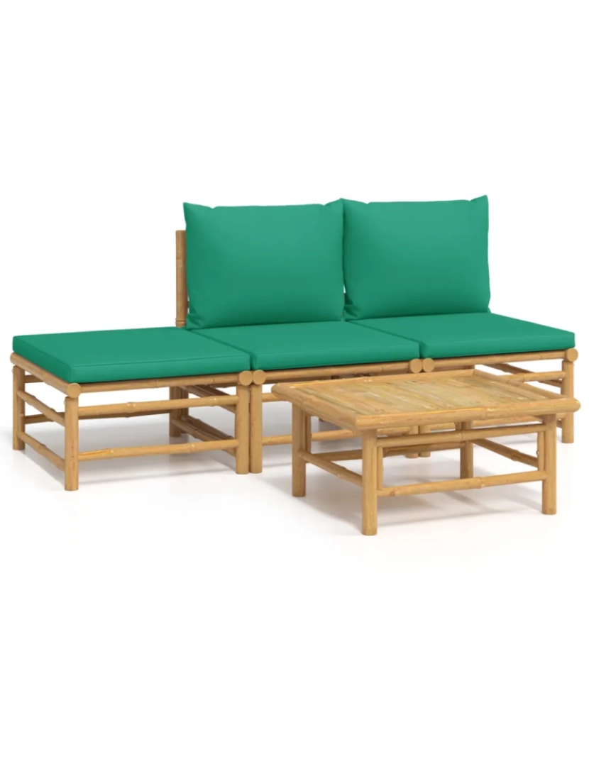 imagem de 4 pcs conjunto lounge de jardim Conjuntos Relax Jardim bambu c/ almofadões verdes CFW5667462