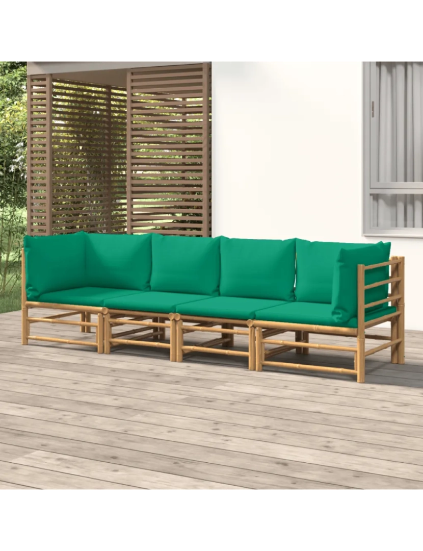 imagem de 4 pcs conjunto lounge de jardim Conjuntos Relax Jardim bambu c/ almofadões verdes CFW7384051
