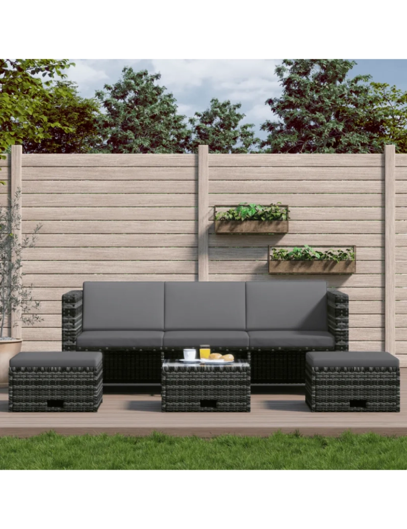 imagem de 4 pcs conjunto lounge de jardim Conjuntos Relax Jardim c/ almofadões vime PE cinzento CFW3975711