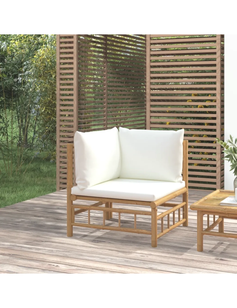 Vidaxl - Sofá de canto de jardim，Sofás Exterior bambu com almofadões branco nata CFW973794