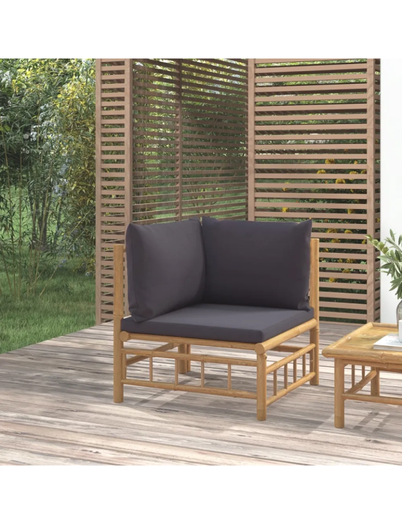 Vidaxl - Sofá de canto de jardim，Sofás Exterior bambu com almofadões cinzento-escuro CFW129402