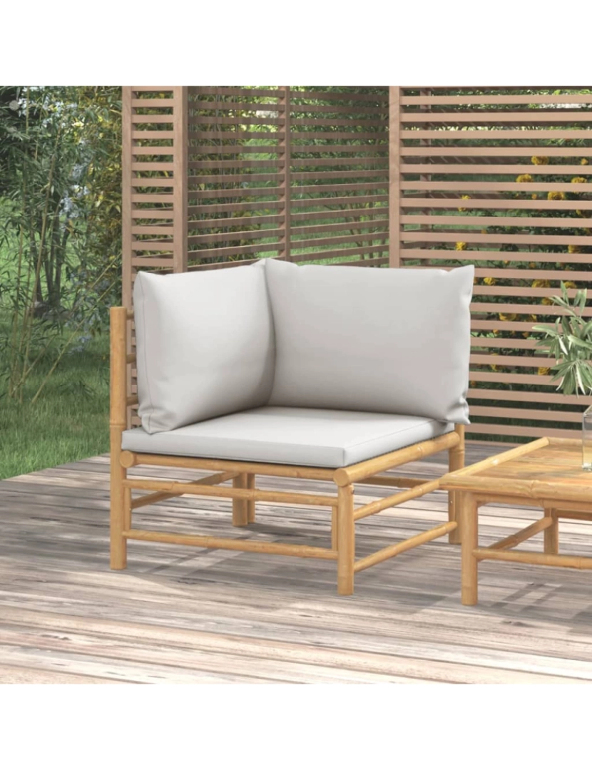 Vidaxl - Sofá de canto para jardim，Sofás Exterior bambu com almofadões cinzento-claro CFW532842