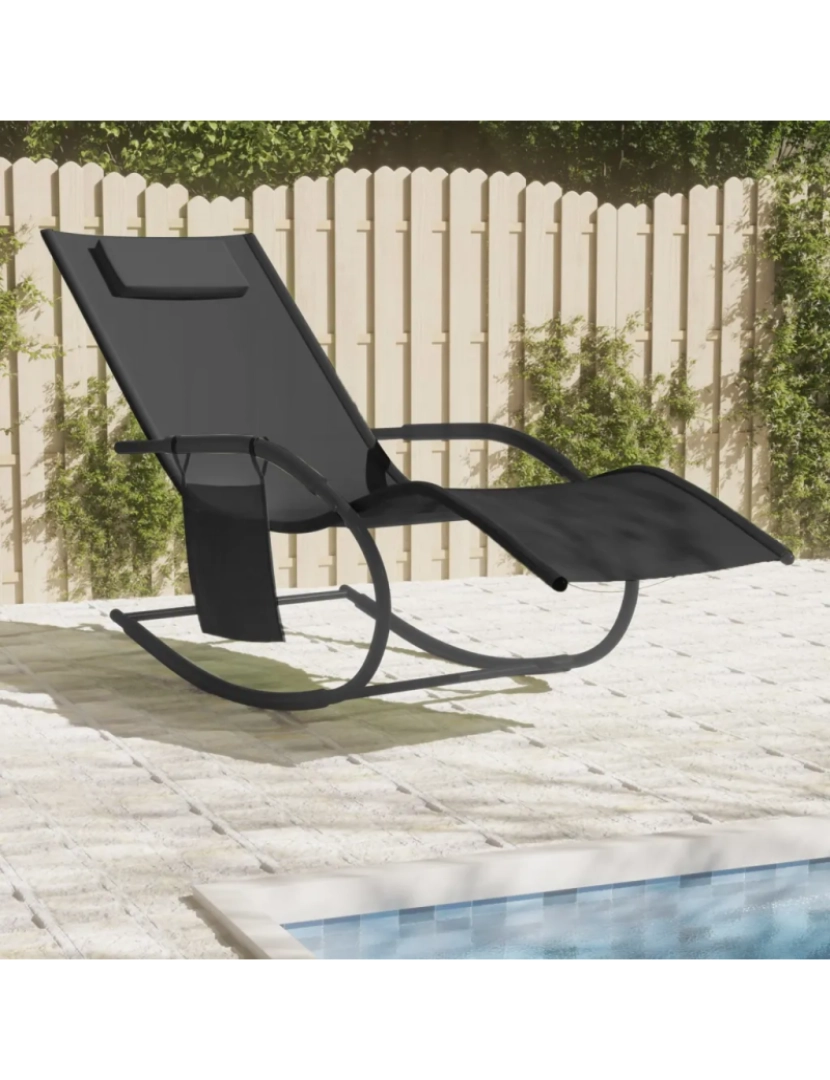 imagem de espreguiçadeira，Cadeira de repouso，Cadeira de descanso baloiço aço e textilene preto CFW7502511