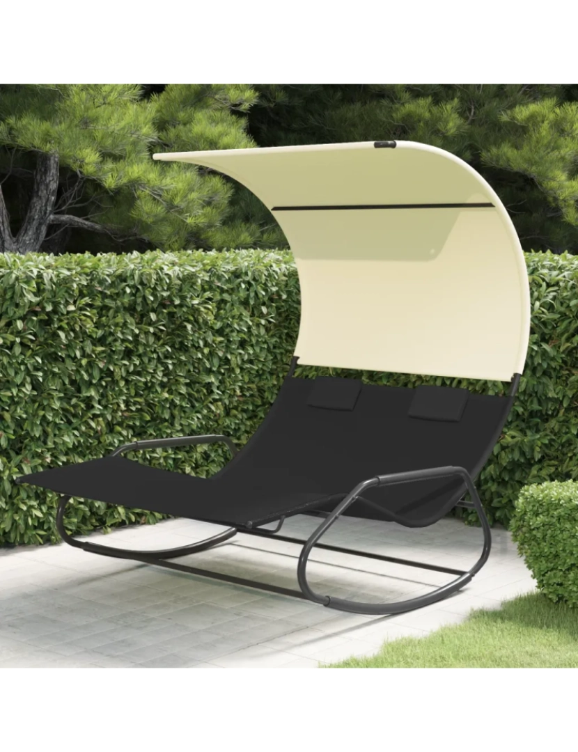 Vidaxl - espreguiçadeira，Cadeira de repouso，Cadeira de descanso dupla de balanço com toldo preto e cor creme CFW688473