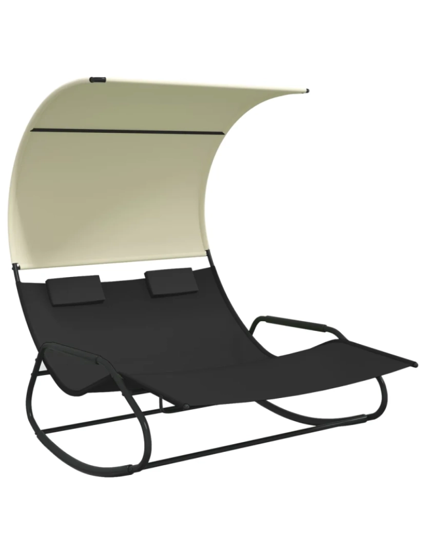 imagem de espreguiçadeira，Cadeira de repouso，Cadeira de descanso dupla de balanço com toldo preto e cor creme CFW6884732