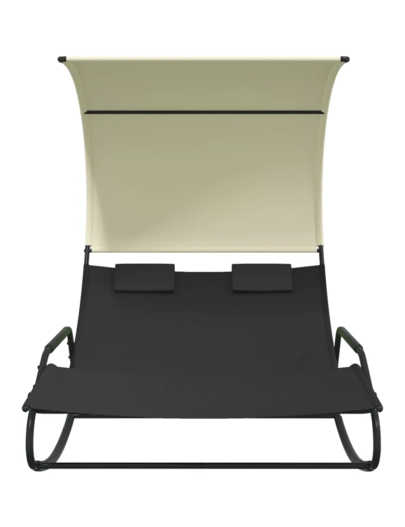 imagem de espreguiçadeira，Cadeira de repouso，Cadeira de descanso dupla de balanço com toldo preto e cor creme CFW6884733