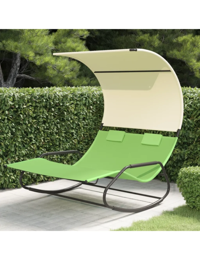 imagem de espreguiçadeira，Cadeira de repouso，Cadeira de descanso dupla de balanço com toldo verde e creme CFW3837581