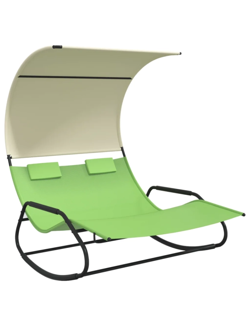 imagem de espreguiçadeira，Cadeira de repouso，Cadeira de descanso dupla de balanço com toldo verde e creme CFW3837582