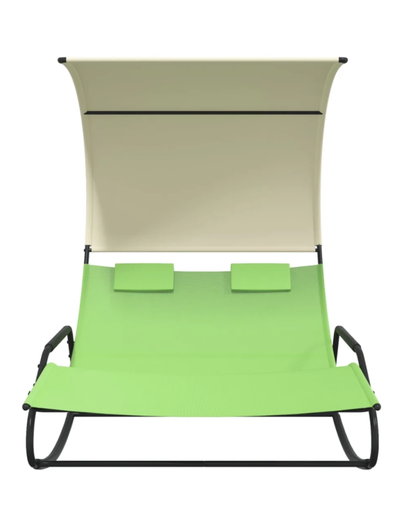 imagem de espreguiçadeira，Cadeira de repouso，Cadeira de descanso dupla de balanço com toldo verde e creme CFW3837583