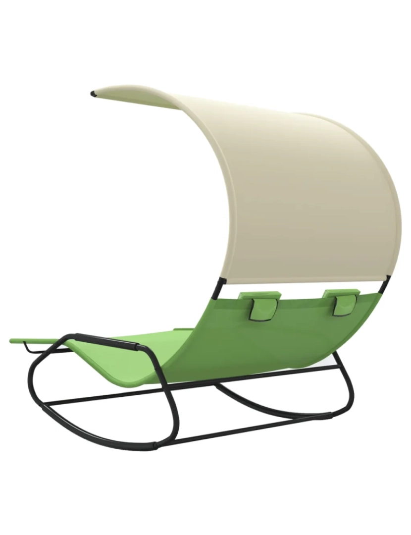 imagem de espreguiçadeira，Cadeira de repouso，Cadeira de descanso dupla de balanço com toldo verde e creme CFW3837585