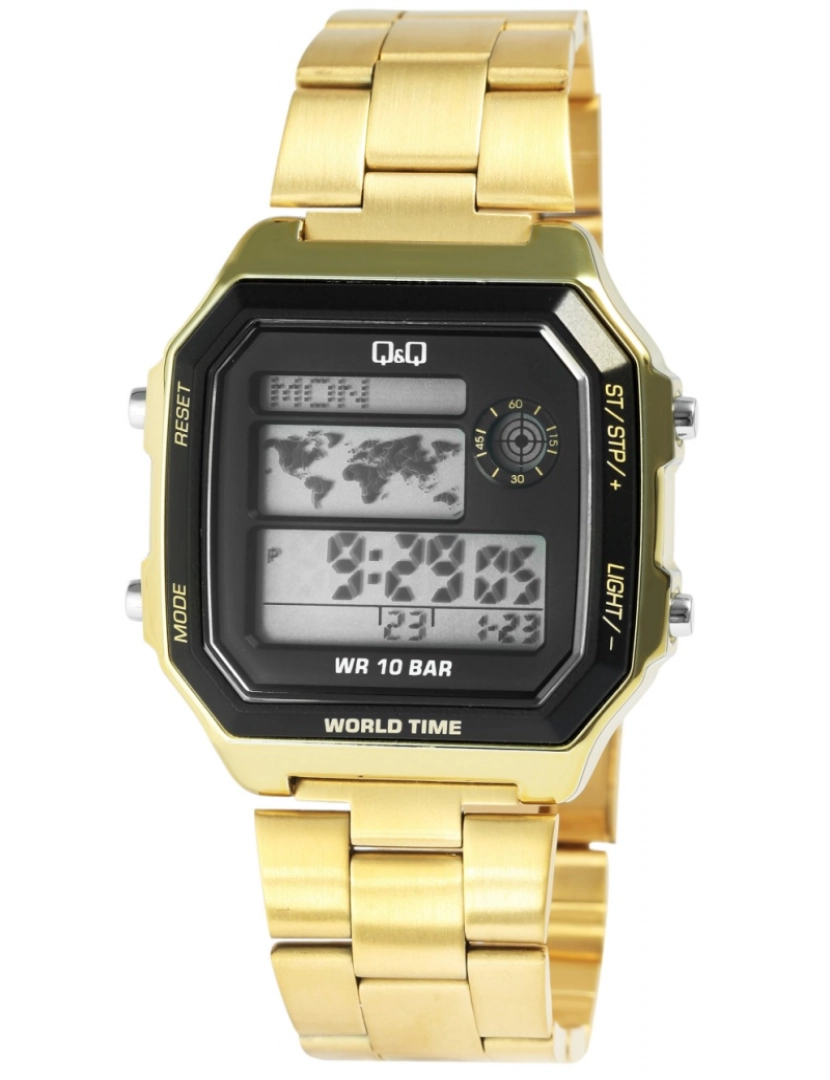 imagem de Relógio Q&Q Digital com Pulseira de Aço Inoxidável, Hora Dupla Dourado1