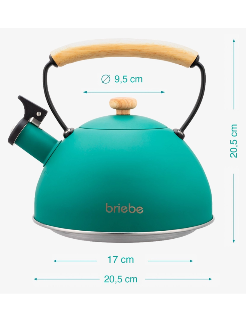 imagem de Chaleira de Indução com Apito, 2,5 L, Aço Inox, Vitrocerâmica, Gás, Cabo de Madeira, Briebe, Nordic, Verde5