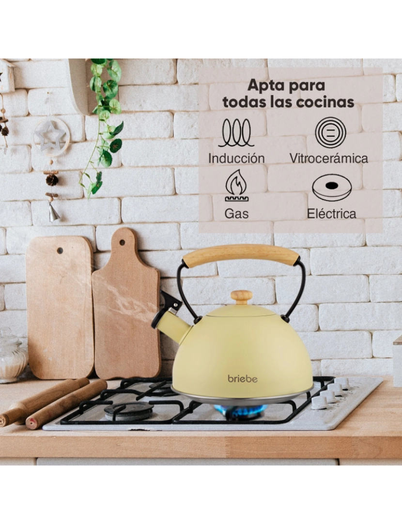 imagem de Chaleira de Indução com Apito, 2,5 L, Aço Inox, Retro, Vitrocerâmica, Gás, Cabo de Madeira, Briebe, Pastel, Amarelo4