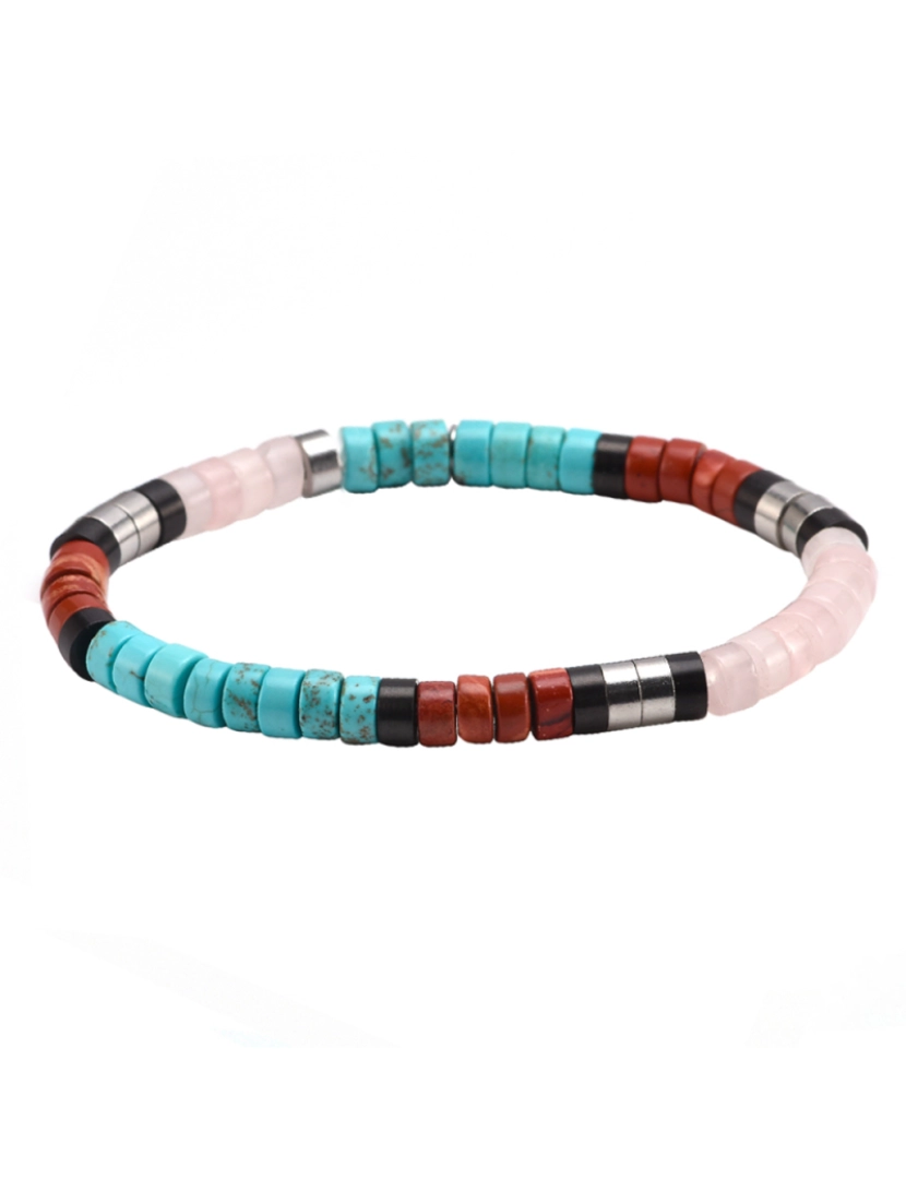 imagem de Sixtystones Pulseira de contas de quartzo rosa preto e jaspe vermelho turquesa Heishi Tamanho Médio-18cm1