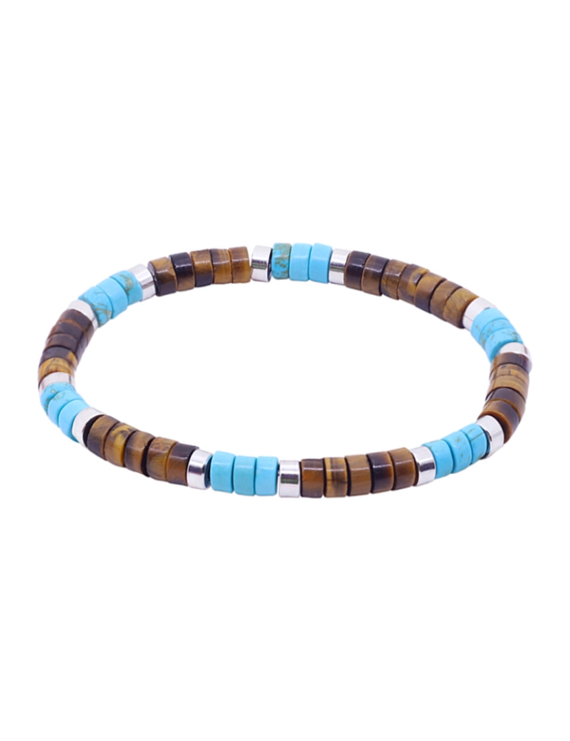 Sixty Stones 60 - Sixtystones Pulseira de contas de pedra natural Heishi Tiger Eye & Turquoise Tamanho criança-12cm