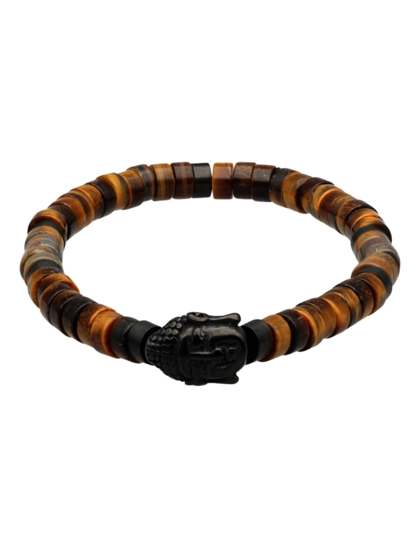 imagem de Sixtystones Pulseira com contas de pedra natural olho de tigre Buda Heishi em aço preto Tamanho XS-14cm1