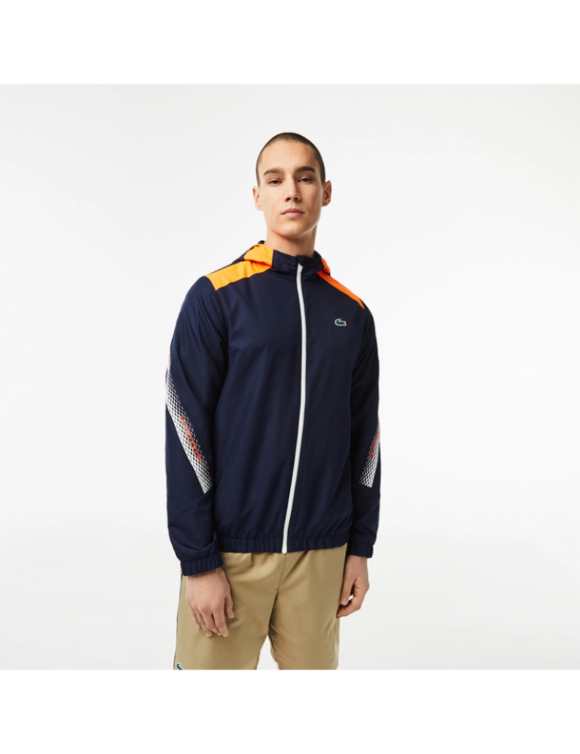 Lacoste - Casaco Lacoste Tennis Para Homem Em Poliéster Reciclado Com Capuz Marinho/Laranja Eclatante