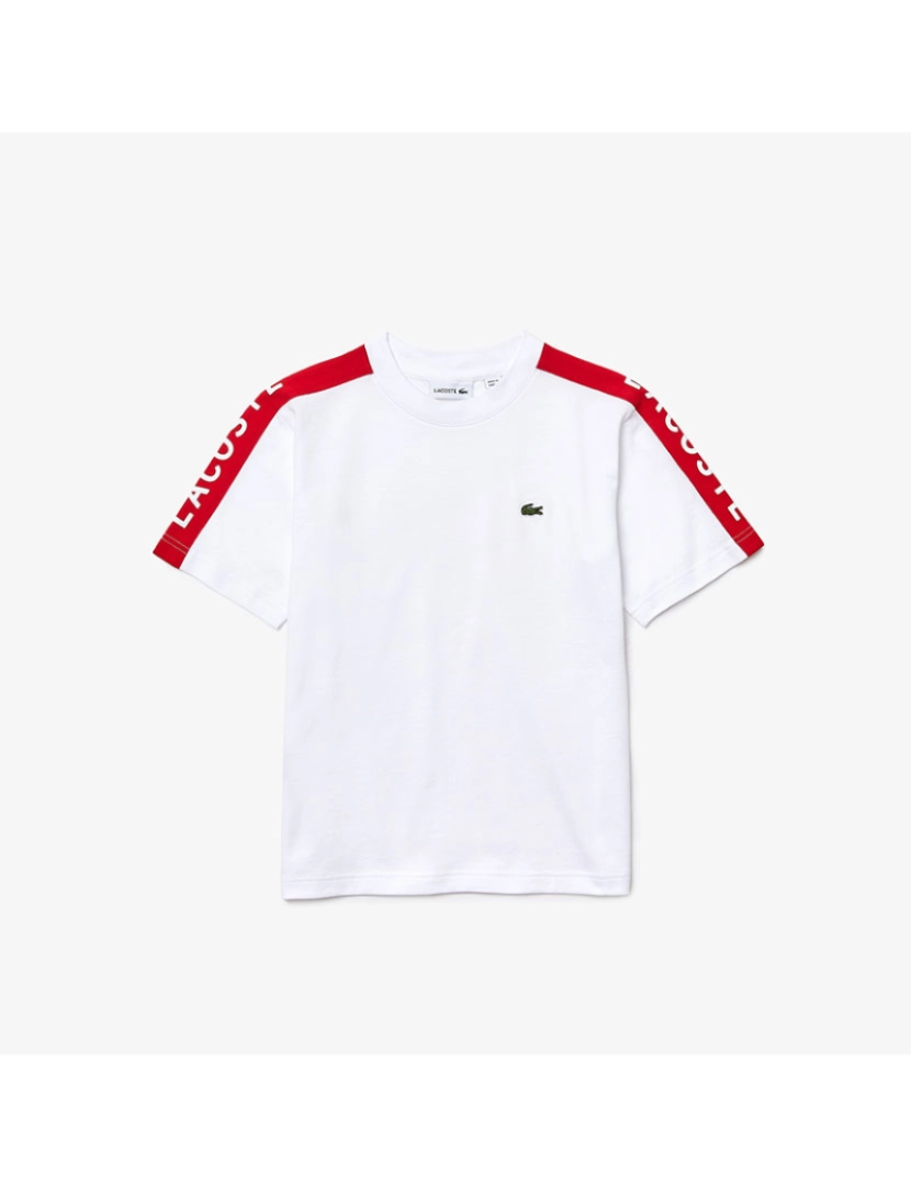 Lacoste - T-Shirt Para Criança Em Algodão Com Riscas Inscritas E Gola Redonda. Branco Infrarred