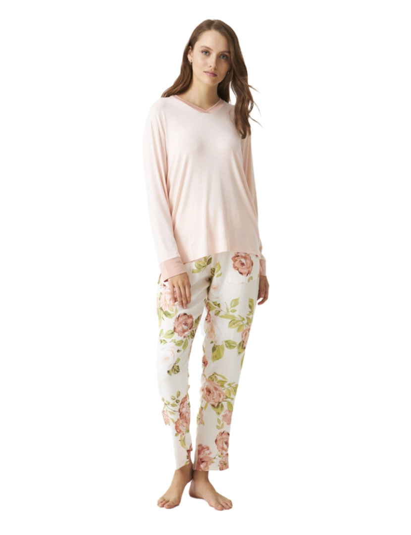 J And J Brothers - Pijama de manga comprida Senhora Flores rosas