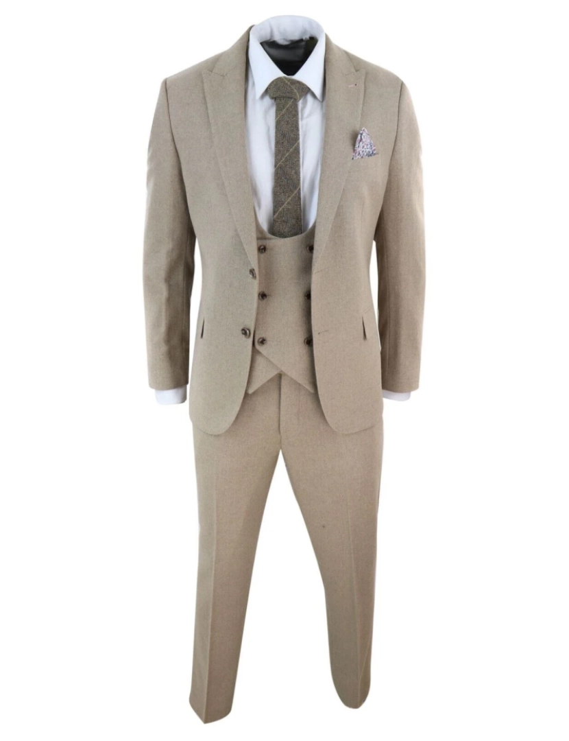 imagem de Terno formal de casamento masculino tweed 3 peças bege6