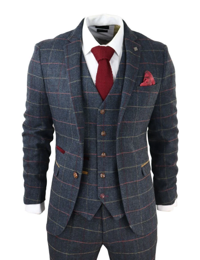 Paul Andrew - Terno masculino de tweed xadrez azul marinho de 3 peças