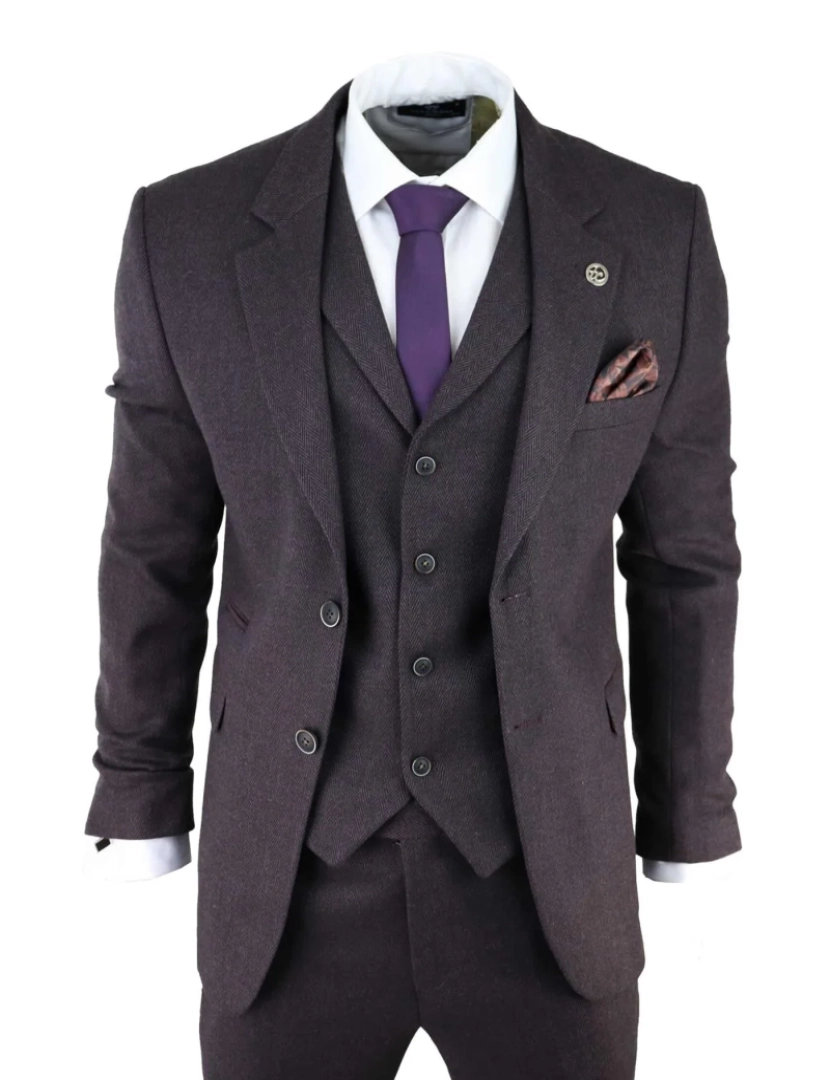 Truclothing - Terno masculino roxo ameixa 3 peças tweed espinha de peixe Peaky Blinders clássico sob medida