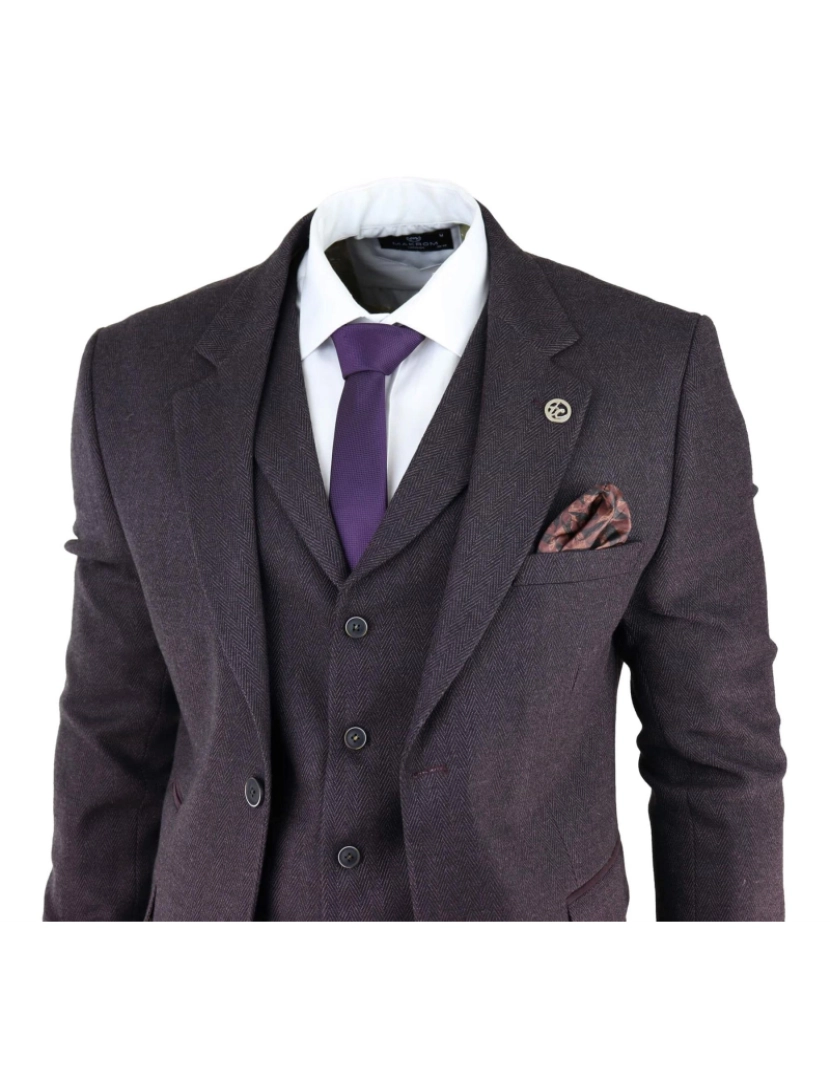 imagem de Terno masculino roxo ameixa 3 peças tweed espinha de peixe Peaky Blinders clássico sob medida3