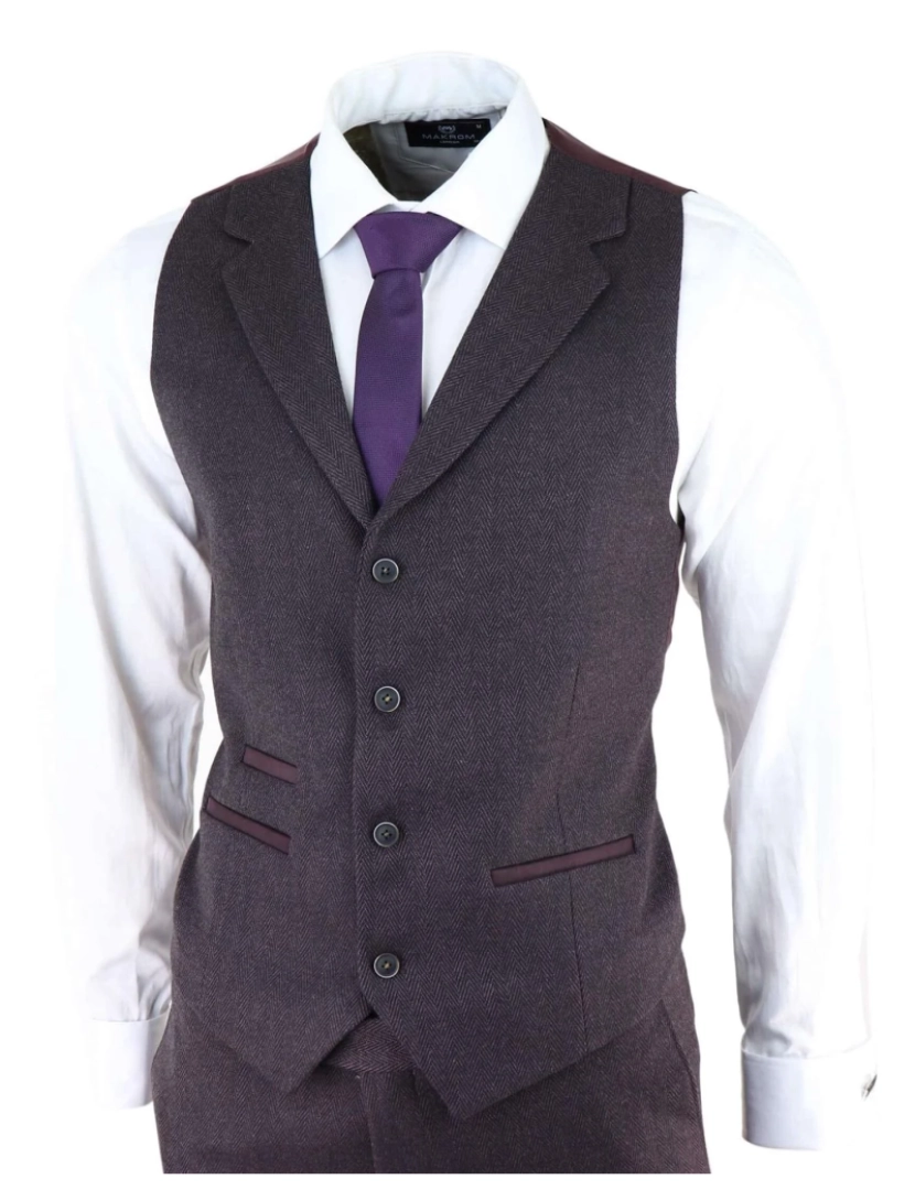 imagem de Terno masculino roxo ameixa 3 peças tweed espinha de peixe Peaky Blinders clássico sob medida4