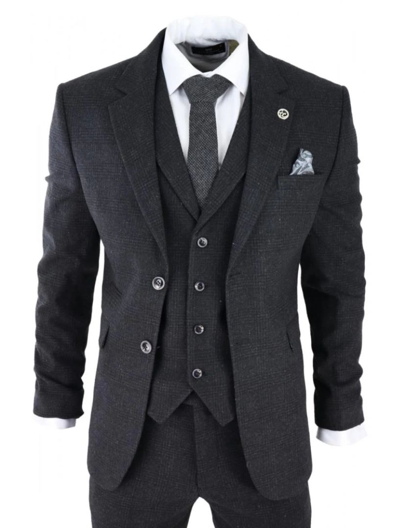 Truclothing - Terno masculino preto de 3 peças de tweed Peaky Blinders 1920 Gatsby Classic Tailored Fit