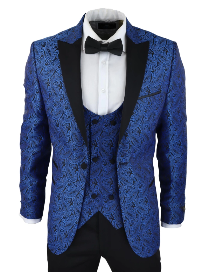 Truclothing - Blazer masculino azul smoking colete brocado preto cetim paisley jantar jaqueta