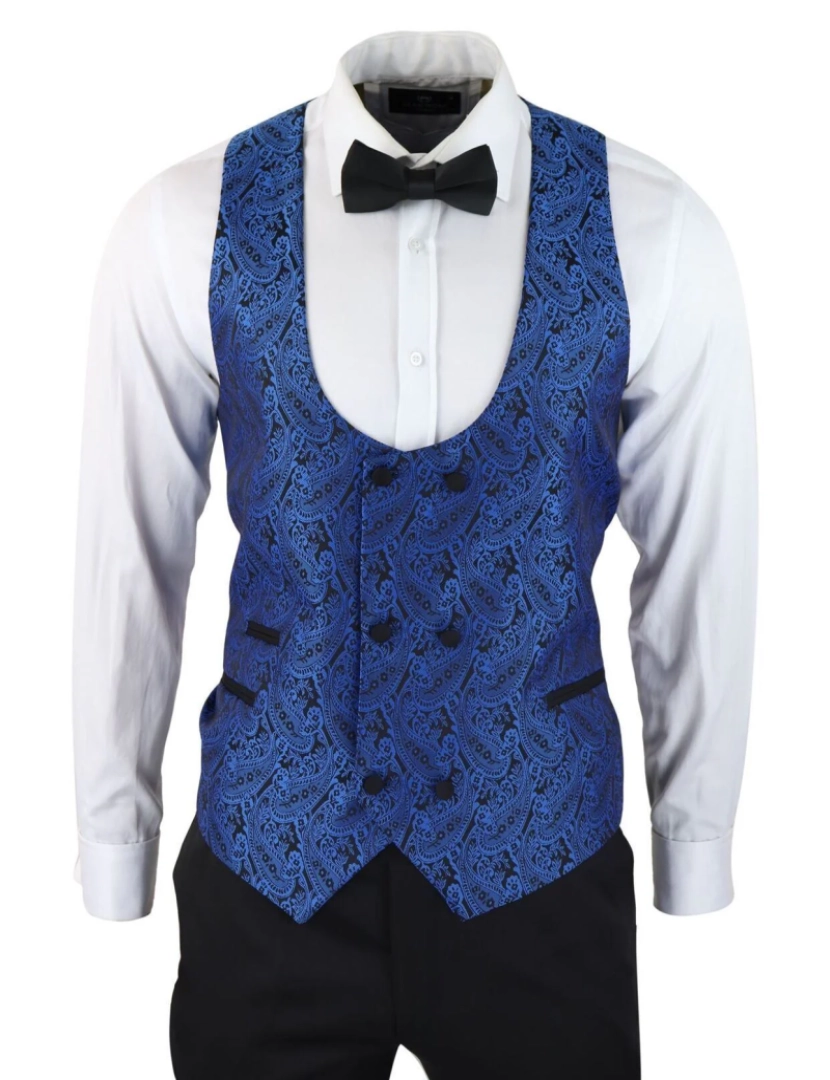 imagem de Blazer masculino azul smoking colete brocado preto cetim paisley jantar jaqueta2