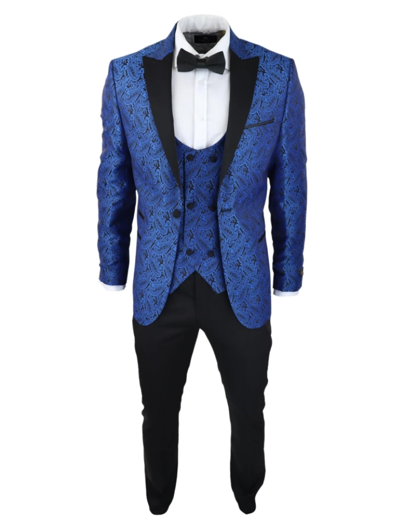 imagem de Blazer masculino azul smoking colete brocado preto cetim paisley jantar jaqueta3