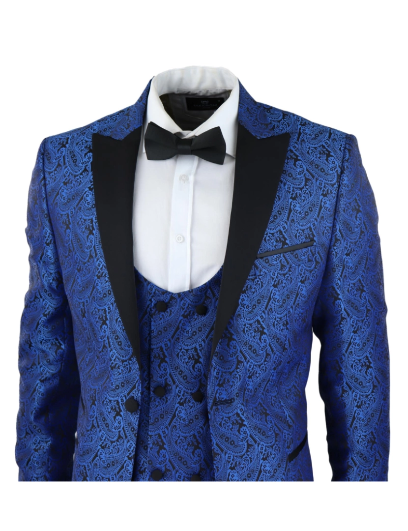 imagem de Blazer masculino azul smoking colete brocado preto cetim paisley jantar jaqueta4