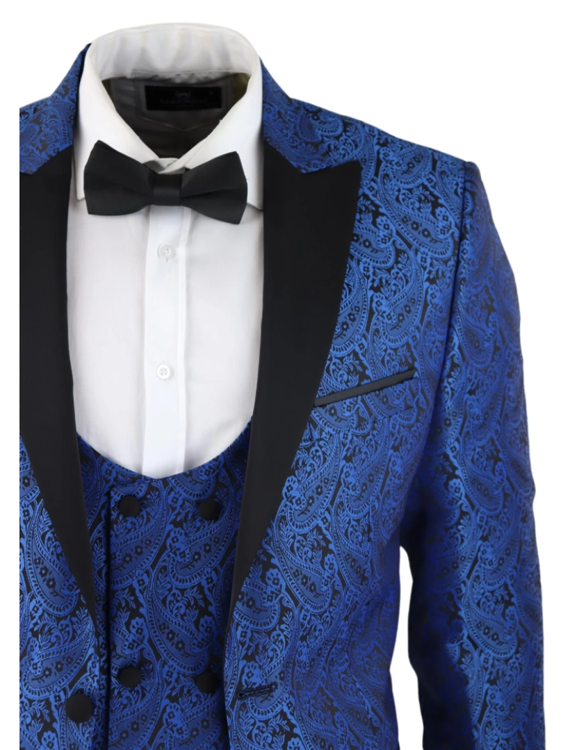 imagem de Blazer masculino azul smoking colete brocado preto cetim paisley jantar jaqueta5