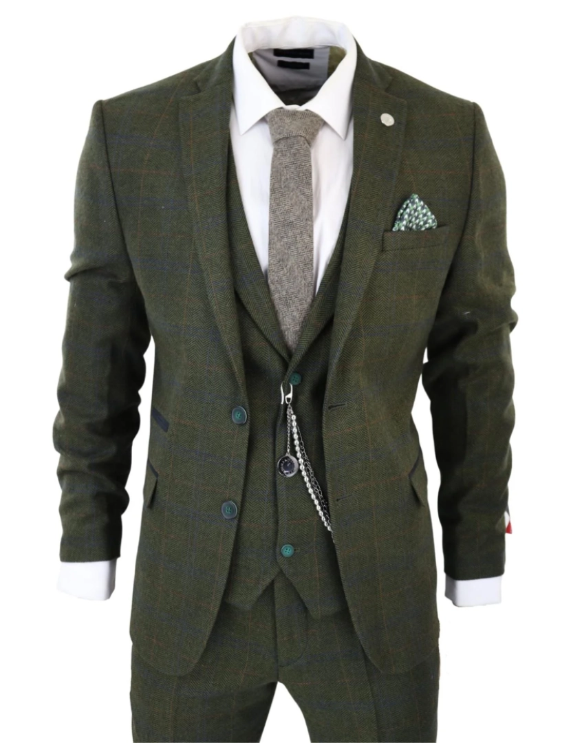 Truclothing - Terno masculino de lã de 3 peças verde oliva tweed check Peaky Blinders 1920 Gatsby formal