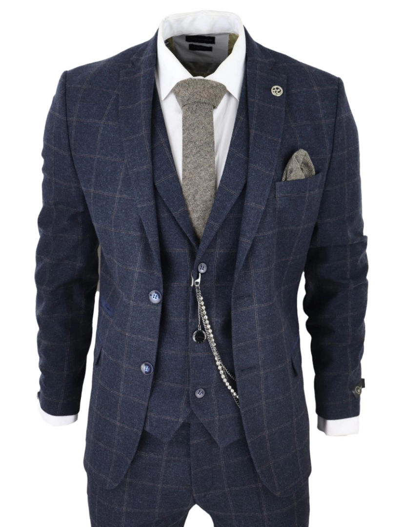 Truclothing - Terno masculino de lã de 3 peças azul marinho Tweed Check Peaky Blinders 1920 Gatsby formal