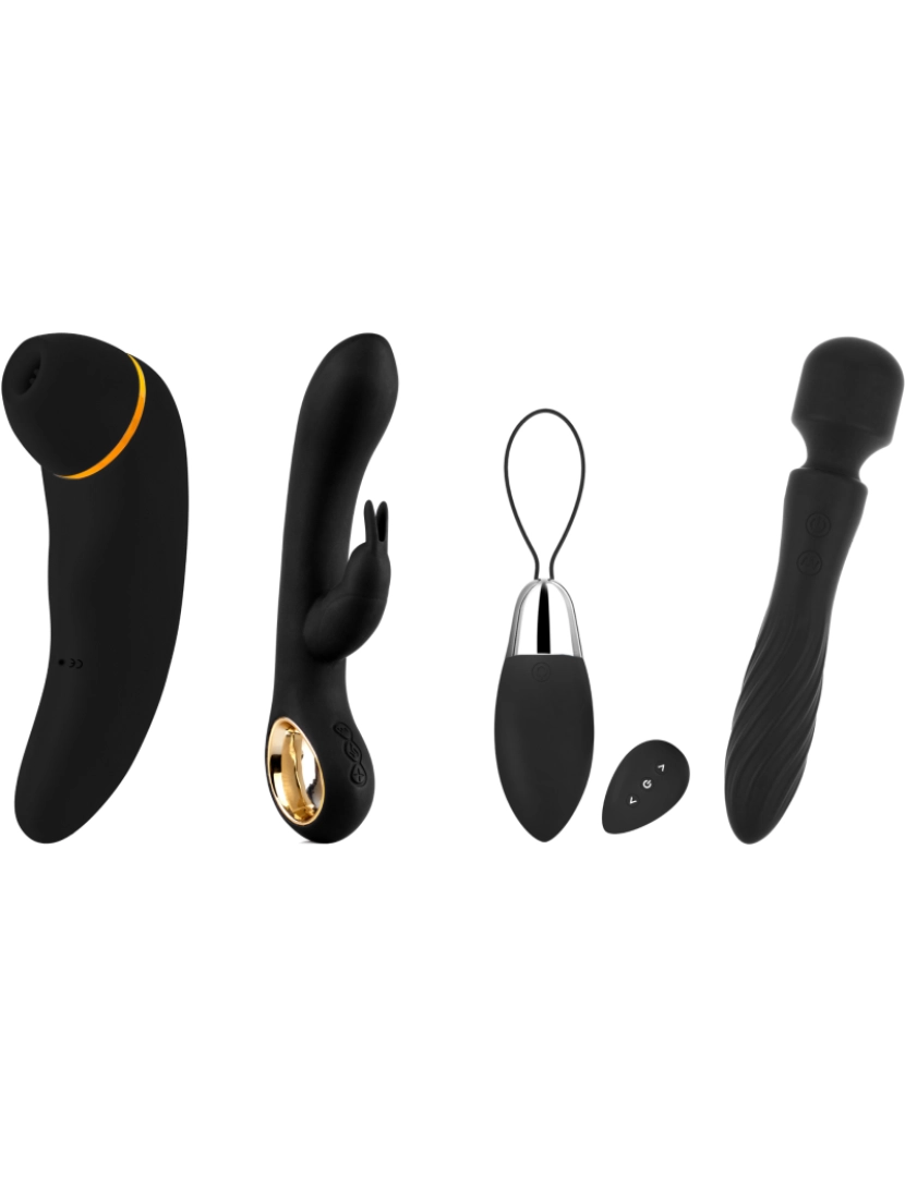 Hugbox - Pack de brinquedos sexuais - Pack 4 best sellers - Preto: estimulador de clitóris, vibrador rabbit, ovo vibratório com controlo remoto e vibrador wand