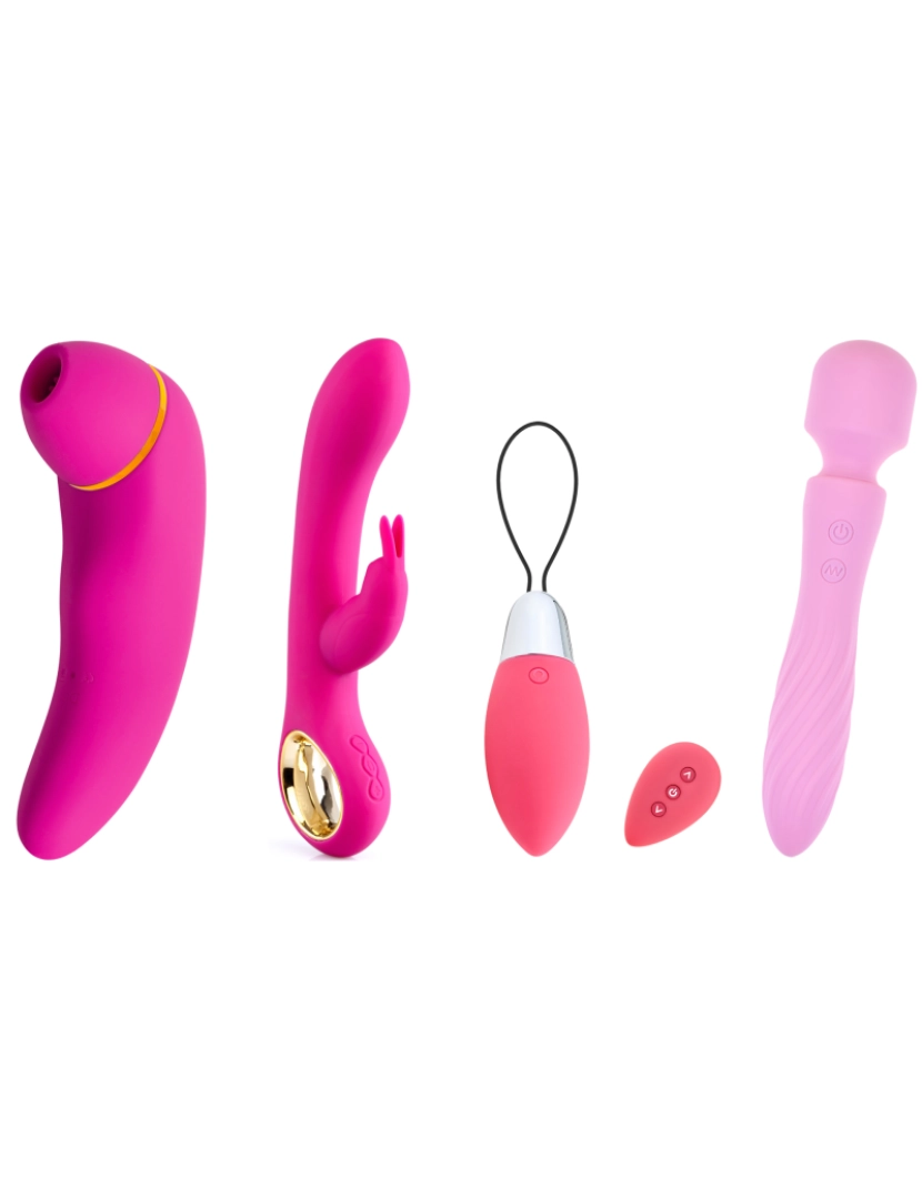 Hugbox - Pack de brinquedos sexuais - Pack 4 best sellers - Rosa: estimulador de clitóris, vibrador rabbit, ovo vibratório com controlo remoto e vibrador wand