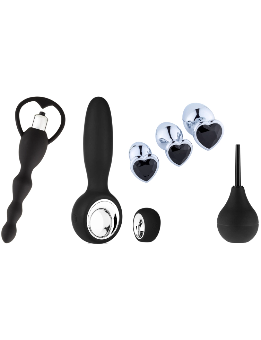 Hugbox - Pack de brinquedos sexuais - Pacote anal - Preto: vibrador anal e vaginal, vibrador anal com controlo remoto, plug anal x3, lâmpada de enema