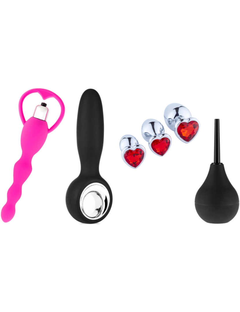 Hugbox - Pack de brinquedos sexuais - Pacote anal - Rosa, preto e vermelho: vibrador anal e vaginal, vibrador anal com controlo remoto, plug anal x3, lâmpada de enema