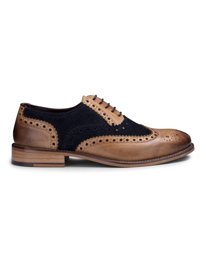 imagem de Sapatos masculinos clássicos Oxford Tan couro Gatsby Brogue com camurça azul marinho1