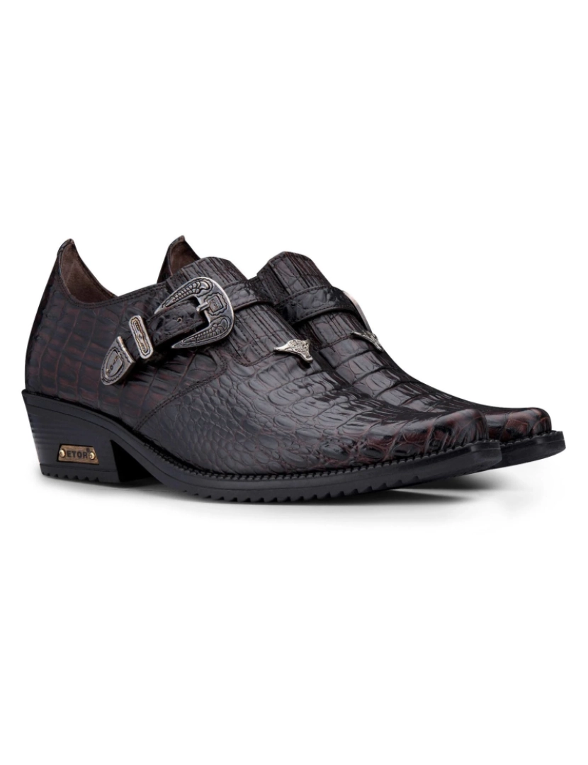 imagem de Sapatos Winklepicker masculinos de couro crocodilo marrom com salto cubano4