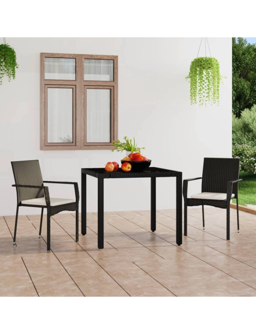 imagem de vidaXL Cadeiras de jardim com almofadões 2 pcs vime PE preto2