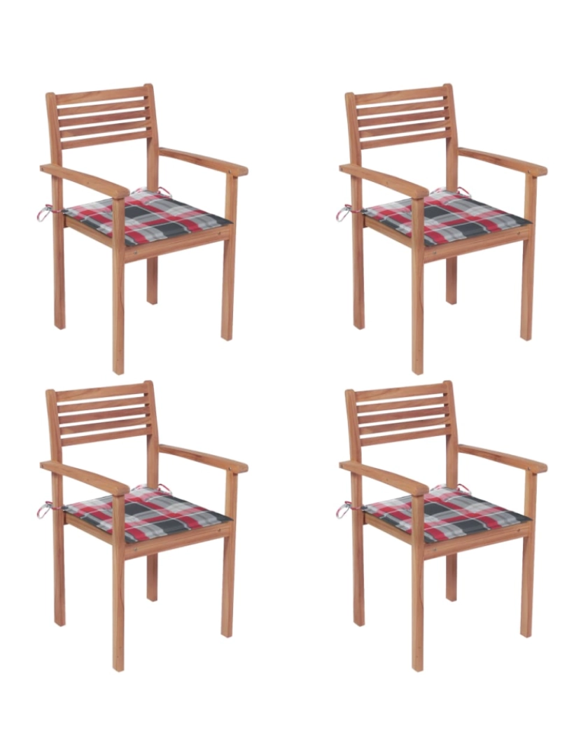 imagem de vidaXL Cadeiras jardim c/ almofadões xadrez vermelho 4 pcs teca maciça1