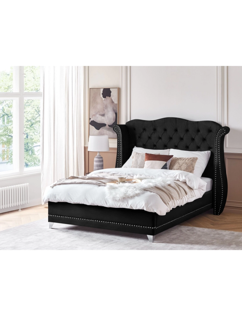 Beliani - Cama de casal em veludo preto 160 x 200 cm AYETTE