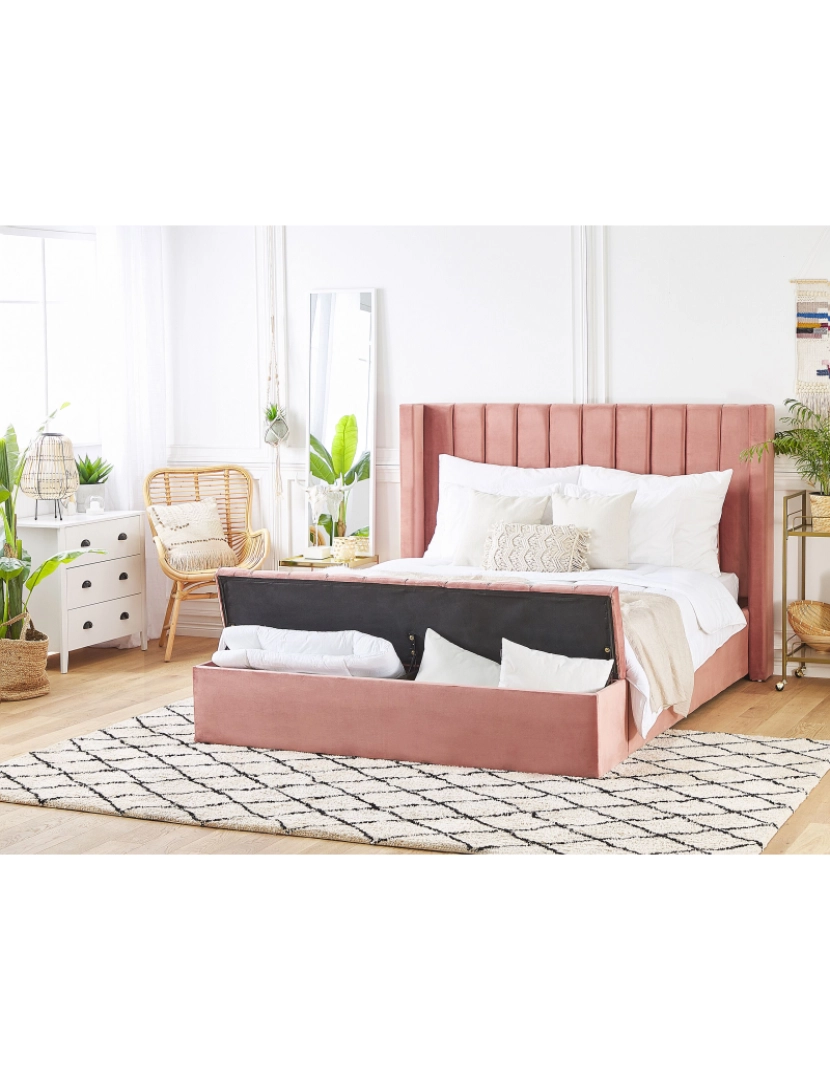 Beliani - Cama de casal com arrumação em veludo rosa 160 x 200 cm NOYERS