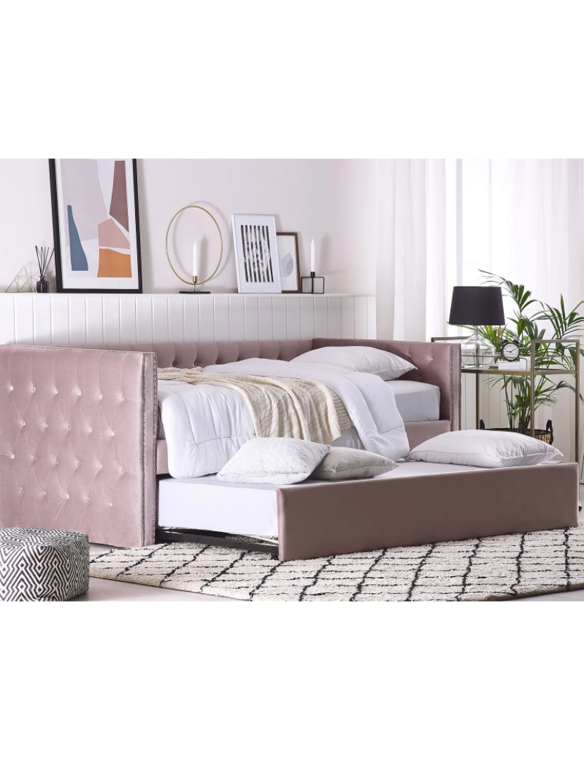 Beliani - Cama dupla em veludo rosa 90 x 200 cm GASSIN