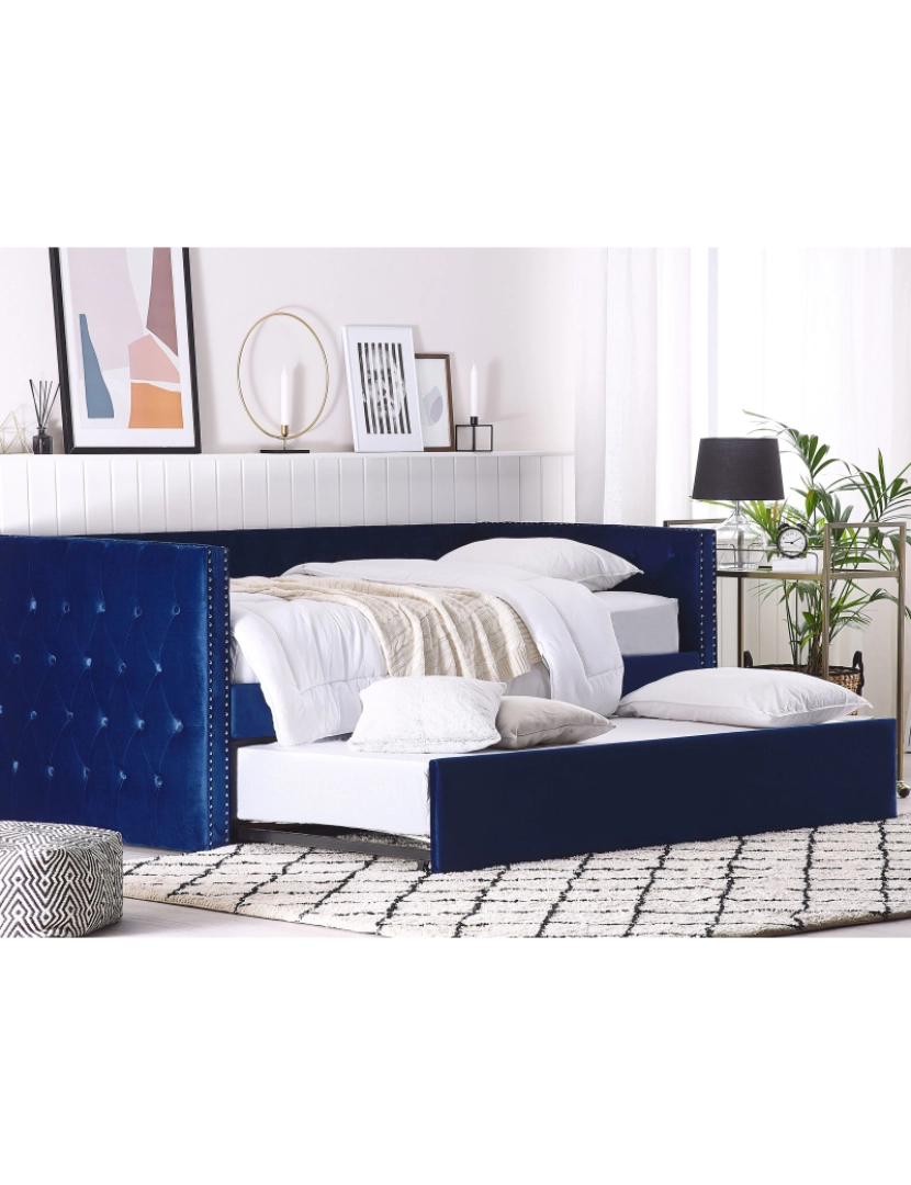 Beliani - Cama dupla em veludo azul marinho 90 x 200 cm GASSIN